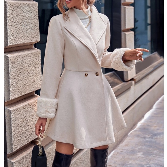 Classic Vegan Fur Double breasted Flared Hem Jacket Coat - Picture 2 of 11